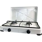 GARDINGER Campingkocher Duo weiß zweiflammig Propankocher Gaskocher Set mit Gasschlauch und Druckregler (mit Deckel)
