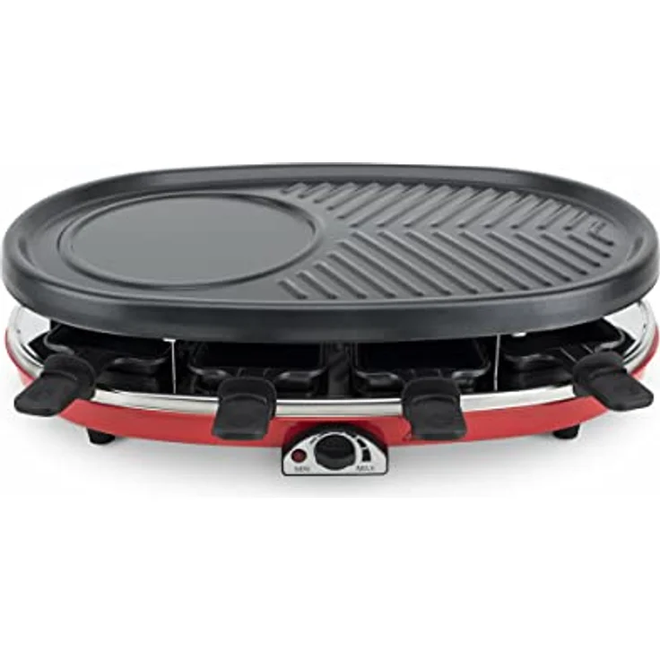H.Koenig RP418 Raclette-Gerät 4 in 1 - 8 Personen - Raclette, Natursteingrill, Crepe-Platte und Grillplatte - mit 8 Pfännchen - 1500 W - schwarz-rot – Bild 3