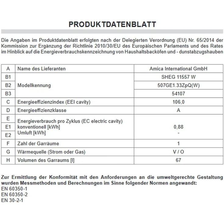 Amica SHEG 11557 W, Herd, A, Standgerät, Betriebsart Ofen elektrisch, Betriebsart Kochfeld Gas, Anzahl Kochfelder 4, Volumen 69 l, Breite 50 cm, Selbstreinigung nein, Ober-Unterhitze (konventionell) – Bild 10