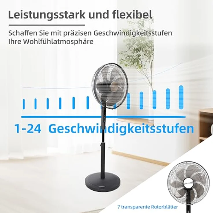 Be Cool Schuss Home Electronic DC Standventilator 45cm, 24 Stufen, Timer, Fernbedienung, oszillierend, höhenverstellbar, energieeffizient, 50W, BC16STHPM2505 – Bild 3