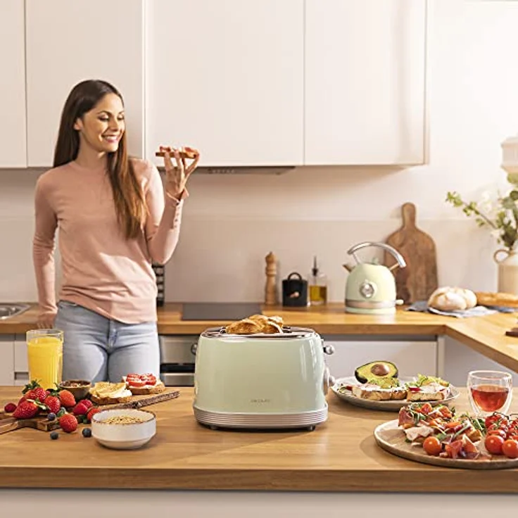 Cecotec Toast&Taste 800 Vintage Light Green, 850 W, Doppelschlitz, extra breit, 3, 8 cm, 2 Toasten, Edelstahl, Vintage-Stil, Funktionen, Grün, 03209 – Bild 3