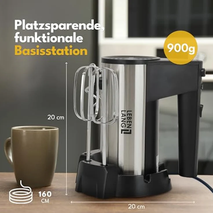 LEBENLANG 400W Handmixer mit 5 Stufen & Turbo, inkl. Standhalterung, ergonomischer Griff, Edelstahl-Rühr- und Knethaken, spülmaschinenfest – Bild 5