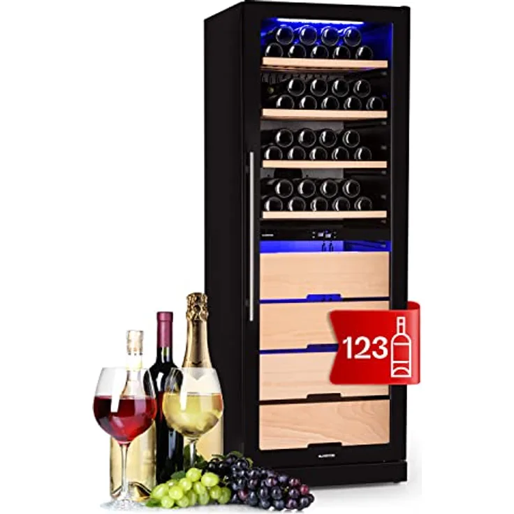 Klarstein Weinkühlschrank, 2 Zonen Kühlschrank mit Glastür, Klein, UV-Schutz, 5-18°C, 123 Flaschen