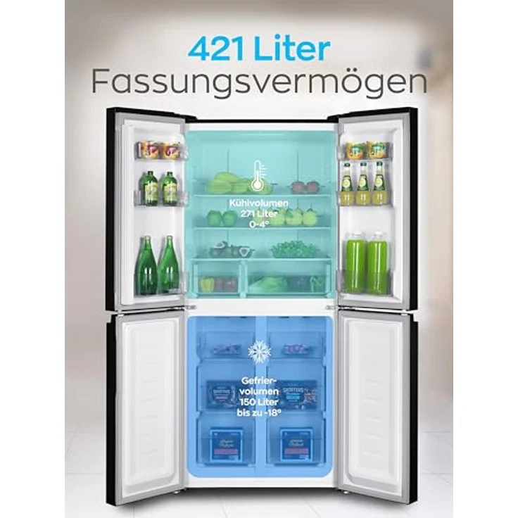 Heinrich's Cross Door Kühlschrank, Kühlgefrierkombination mit 421L Gesamtvolumen, Total-No-Frost, 150L Gefriervolumen, LED Beleuchtung, Multi-Airflow und Fresh Converter System – Bild 3
