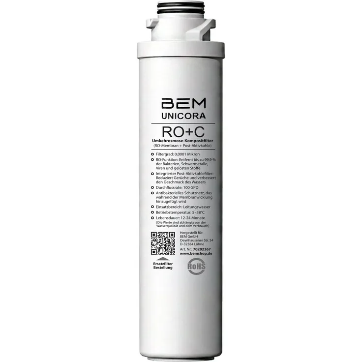 BEM Ersatzfilter Unicora RO+C - Umkehrosmose-Kompositfilter (RO-Membran + Post-Aktivkohle), weiß