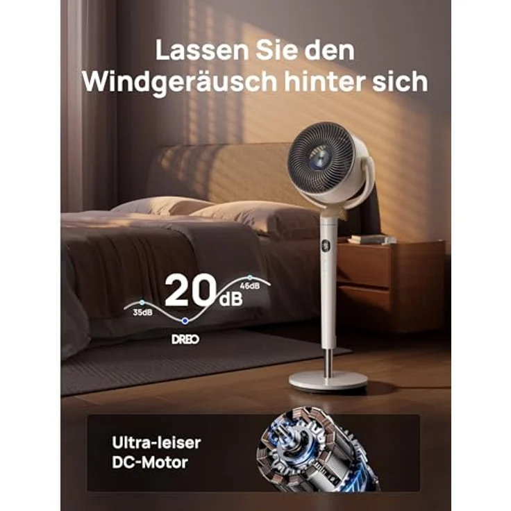 Dreo Smart Standventilator, 120°+120° Oszillierend mit RGB Light, Fernbedienung, 20dB Leiser Bodenventilator, 90ft Reichweite, 8H Timer, Weiß – Bild 5
