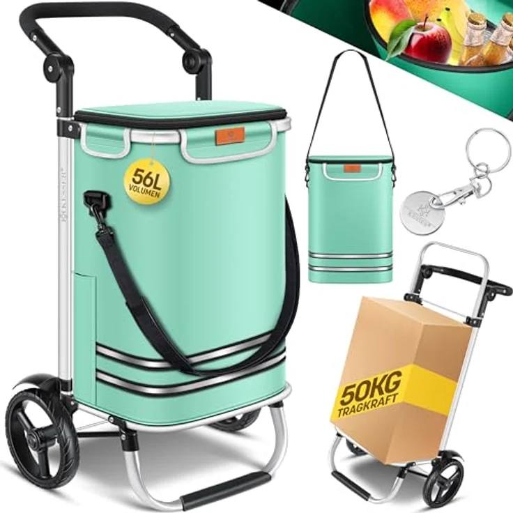 KESSER® Einkaufstrolley klappbar mit 56L Kapazität und belastbar bis 50kg | 3in1 Trolley Sackkarre & Umhängetasche | Faltbarer Einkaufswagen inkl. Kühlfach & Einkaufschip | Treppensteiger Mint Grün – Bild 1