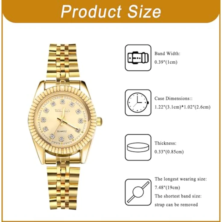 JewelryWe Gold Edelstahl Uhren für Paare, 2er Set Kalender Analog Quarz Armbanduhr mit Diamantskala und Facettiertem Lünette, Partner Freundschaft Geschenk – Bild 5