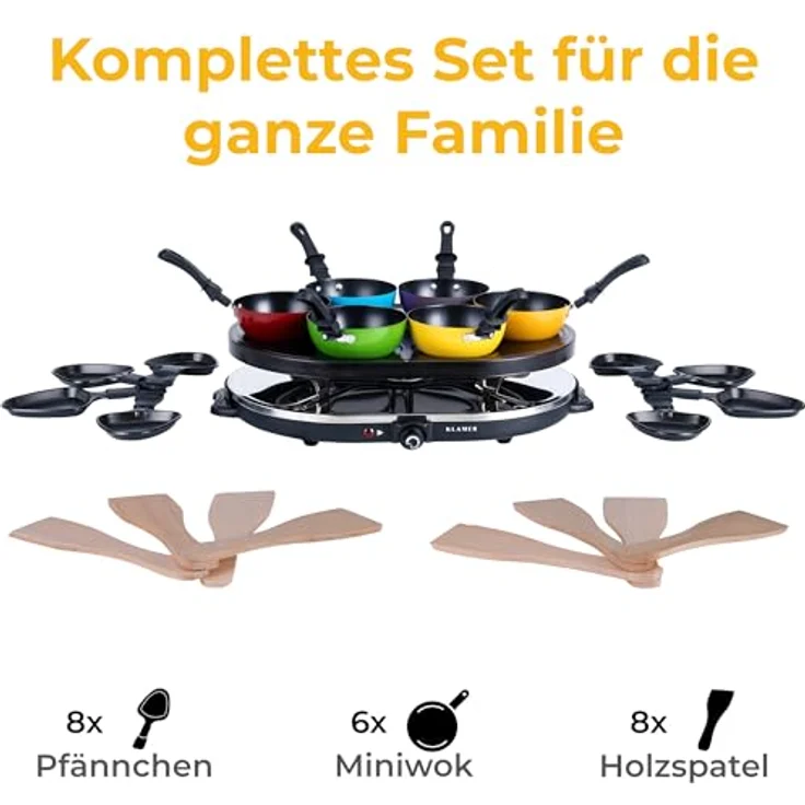 KLAMER Raclette-Wok 1200 W – Raclette Grill mit 6 Wokpfännchen, 8 Raclettepfännchen, Antihaftbeschichtung, stufenloser Temperaturregler, inkl. Holzspatel & digitalem Rezeptbuch – Bild 5