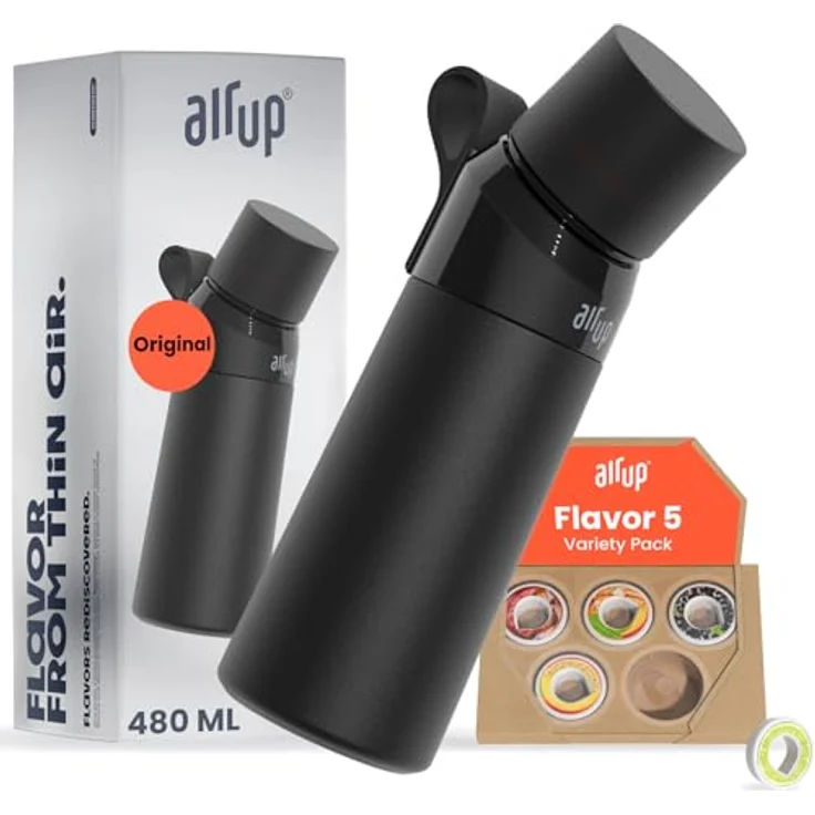 air up® Flasche Steel Starter Set Original aus Edelstahl inkl. Pods in 5 Geschmacksrichtungen, zuckerfrei I 480ml Isolierflasche mit Geschmack, hält Wasser 14 Std. kalt I Schwarz – Bild 1
