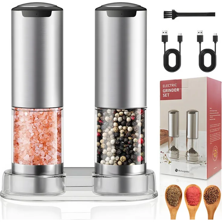 AKKEE Elektrische Salz-/Pfeffermühle & Pfeffermühle im 2er Set, verstellbares Keramikmahlwerk, LED-Beleuchtung, USB aufladbar, Edelstahl/Glas, Silber