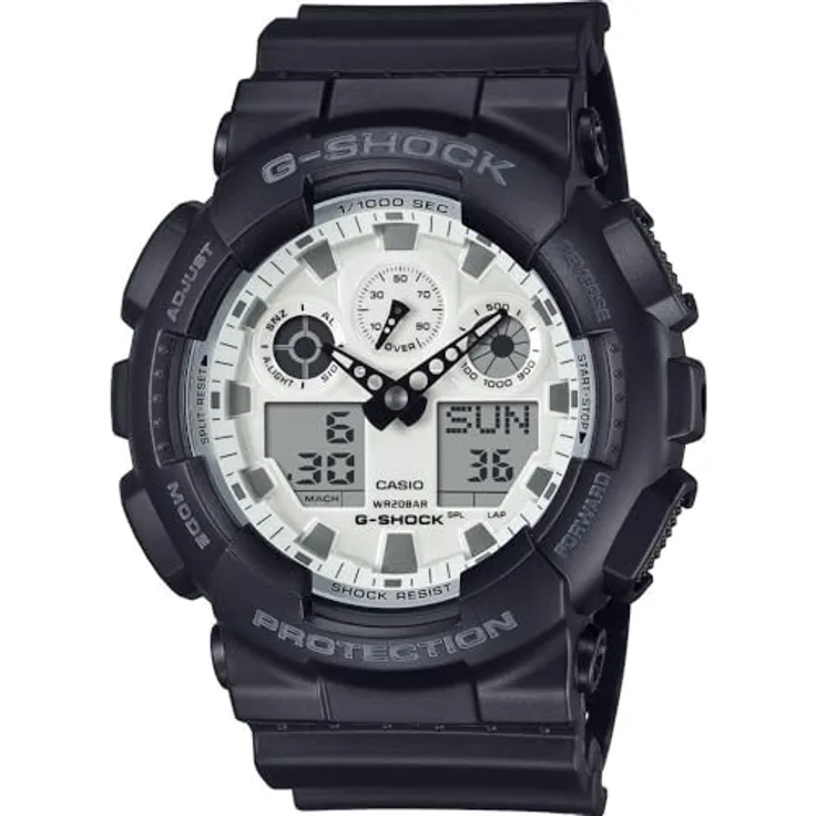 Casio GA-100WD-1AER, G-SHOCK Armbanduhr mit analogen und digitalen Funktionen, schwarz-weiß, 50 mm Gehäuse, wasserdicht bis 3 bars, mit Stoppuhr und Alarm