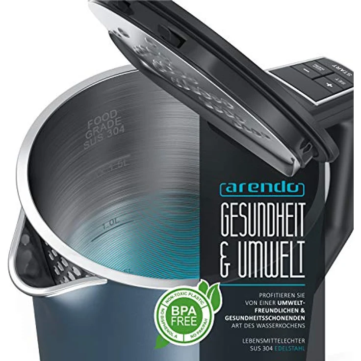 Arendo Elegant Wasserkocher, 1,5 l, 2200 W, Edelstahl Wasserkocher mit Temperatureinstellung 40-100 Grad - 1,5 Liter, matt blau – Bild 3