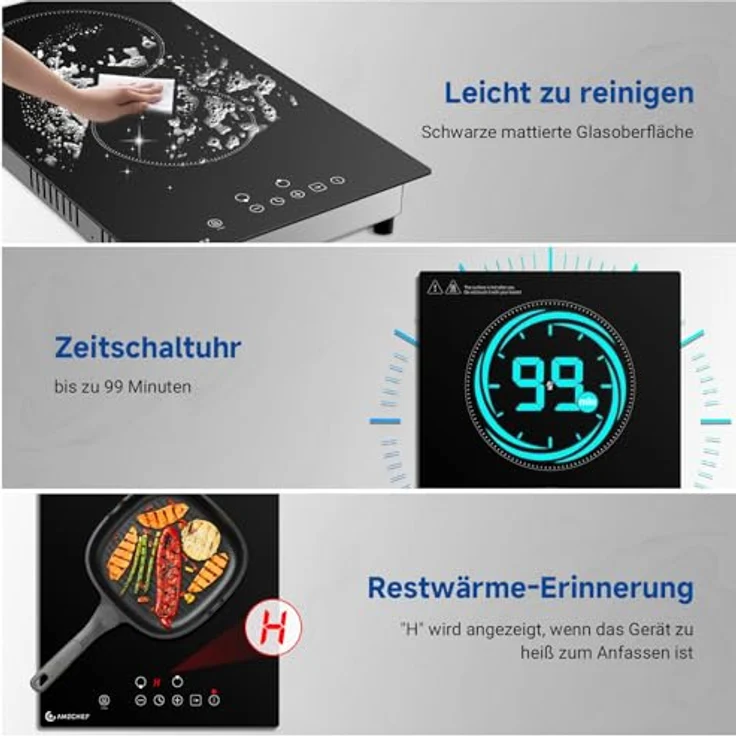 AMZCHEF Glaskeramikkochfeld 2 Platten, 3200W, 9 Leistungsstufen, 2-in-1 Freistehend-/Einbau-Design, Touch-Steuerung, Matte Glasoberfläche – Bild 5
