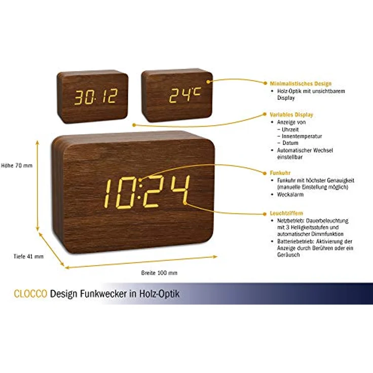 TFA Dostmann Funkwecker Design Funk-Wecker in Holz-Optik Clocco TFA 60.2549 mit Leuchtziffern und automatischer Dimm-Funktion – Bild 4