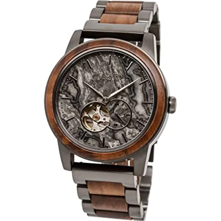 HOLZKERN Herrenarmbanduhr Automatik Chicago, Walnuss/Marmor, mechanisches japanisches Uhrwerk, 42 mm, kratzfestes Saphirglas, mattiertes Edelstahlarmband