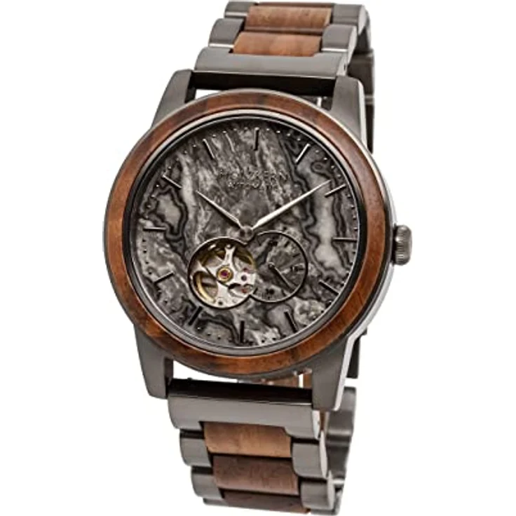 HOLZKERN Herrenarmbanduhr Automatik Chicago, Walnuss/Marmor, mechanisches japanisches Uhrwerk, 42 mm, kratzfestes Saphirglas, mattiertes Edelstahlarmband – Bild 1