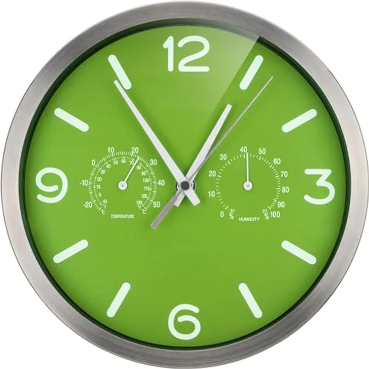 Bresser MyTime ND Funkuhr Wanduhr mit Thermo-Hygro Anzeige, geräuschlosem Uhrwerk, Edelstahlrahmen, grün, 250x250mm – Bild 1