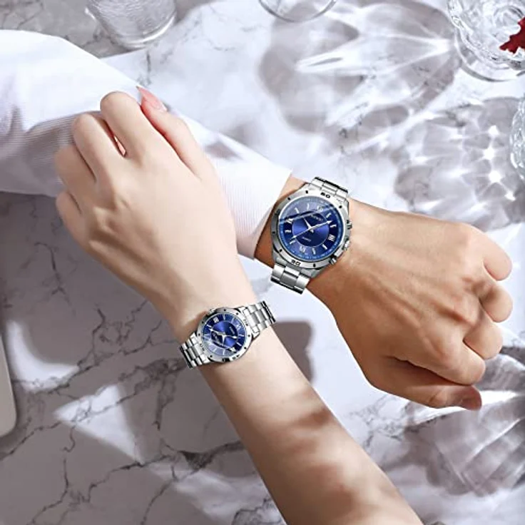 JewelryWe Paar Uhren Analog Quarz, 30M wasserdicht, Edelstahl Armband, Leuchtzeiger, blau – Bild 2