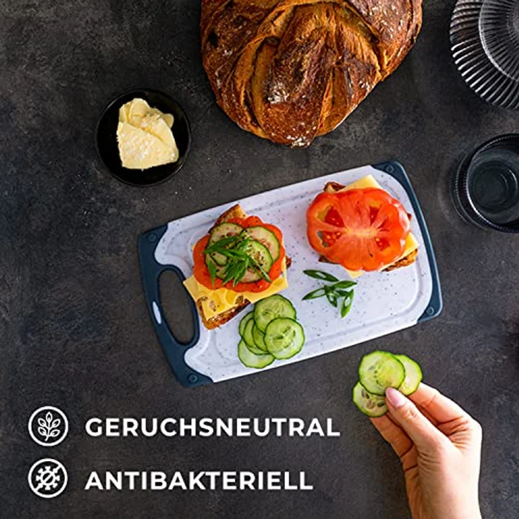 Exitoso Frühstücksbrettchen 6er Set mit Saftrille - Schneidebrett Spülmaschinenfest - Marmoroptik hell Schneidebrett Kunststoff rutschfest BPA frei - Frühstücksbrettchen Kunststoff Brettchen Set Brett – Bild 5