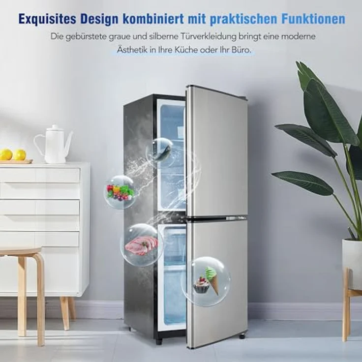 Merax 106L Zweizonen-Energiesparkühlschrank, 60L Kühlschrank + 46L 4-Sterne-Gefrierschrank, 7 Temperatureinstellungen, grau-silber gebürstet, LED-Beleuchtung, verstellbare Einlegeböden – Bild 4