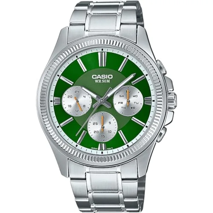 Casio Herren-Armbanduhr Multifunktion Stahl/Grün MTP-1375PD-3AVEF, Edelstahl Gehäuse, grünes Zifferblatt