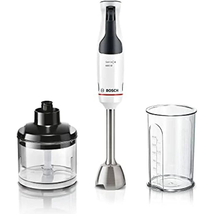 Bosch Stabmixer ErgoMaster Serie 4 MSM4W220, Zerkleinerer, einhändig bedienbar, Edelstahl-Klingen, verschleißfreie Keramik-Kupplung, Mixbecher, QuattroBlade, AntiSplash, Einschaltsperre, 600 W, weiß – Bild 1