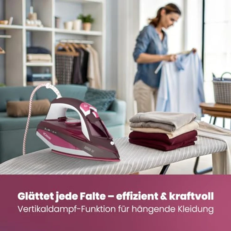 Bomann DB 6005 CB Dampfbügeleisen mit 7 Funktionen, Keramiksohle, stufenlose Temperaturregulierung, zuschaltbare Selbstreinigungsfunktion, weiß-rot – Bild 6
