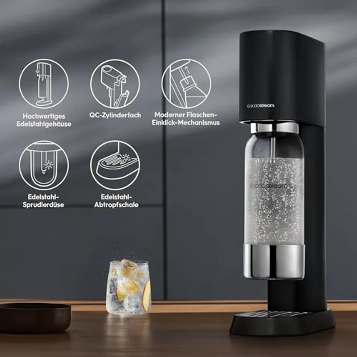 SodaStream® enso™ Premium Wassersprudler aus Edelstahl, inkl. 1 L spülmaschinengeeigneter BPA-freier Kunststoffflasche + Quick Connect CO2-Zylinder, schwarz – Bild 2
