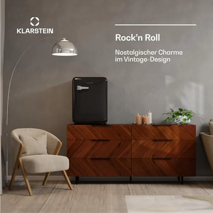 Klarstein Audrey Evo 68L Retro Mini Kühlschrank, 40 dB, kompakt mit verstellbaren Füßen, Wendetür, mechanischem Thermostat, schwarz – Bild 3
