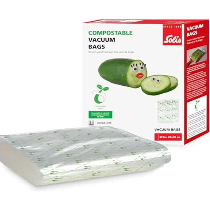 Solis kompostierbare Vakuumbeutel 20x30 cm für Vakuumierer, 50 Vakuumierbeutel zum Kochen und Einfrieren, Wiederverwendbare Folienbeutel für Vakuumiergerät, Ideal für Sous Vide, Transparent