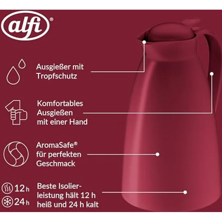 alfi 0825.240.100 Isolierkanne, Kunststoff gefrostet Rubin Rot 1,0 l, 12 Stunden heiß, 24 Stunden kalt – Bild 4