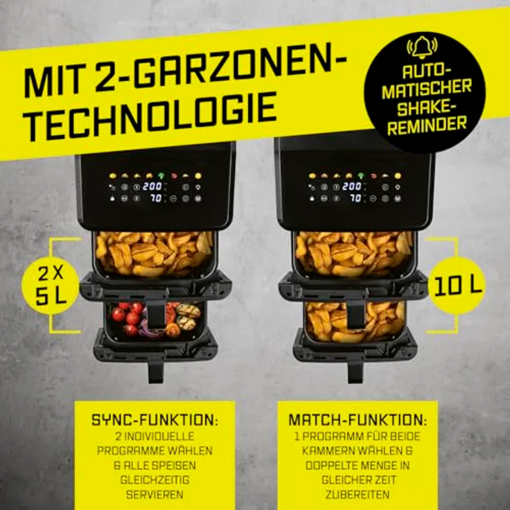 GOURMETmaxx FryUp vertikale Doppelkammer Heißluftfritteuse, 10 L mit Sichtfenster, 9,8 Zoll Multi-Colour LED-Touchdisplay, 11 Programme, Oberhitze und fettarme Zubereitung – Bild 3