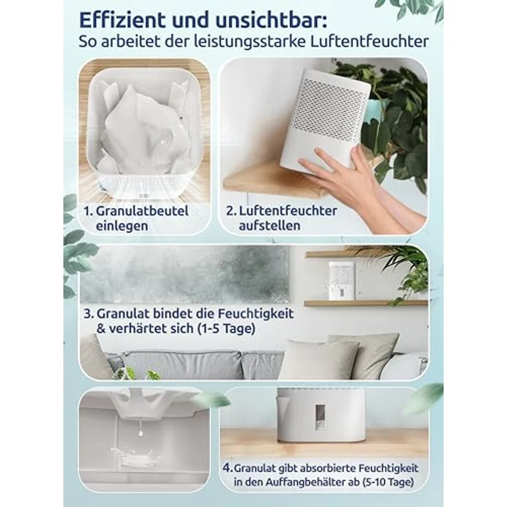 BonAura® AirOne Luftentfeuchter, stromlos bis 23m², 360° Belüftung, integrierter Ausgießer & 680g Granulat, Schimmel- und Geruchsschutz – Bild 5