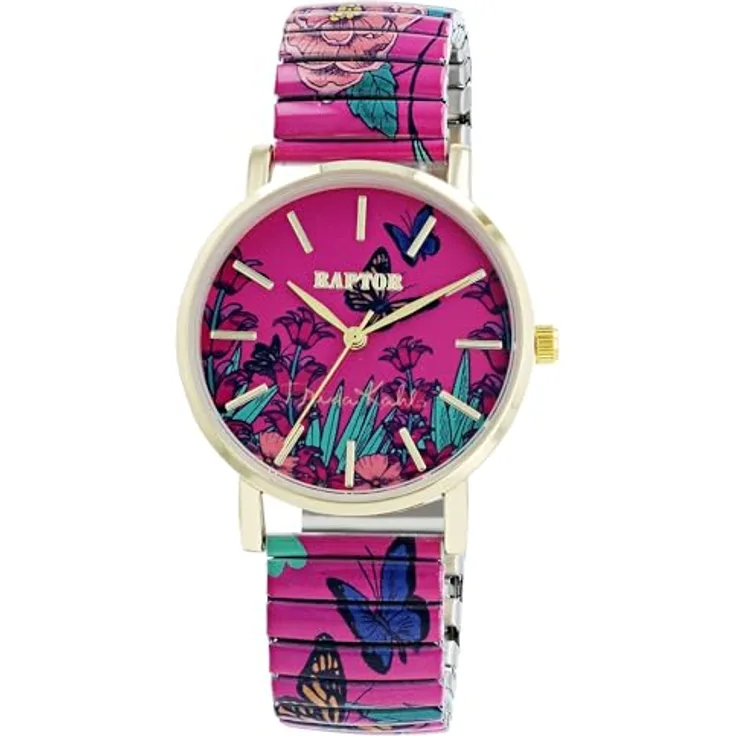 Raptor Damenarmbanduhr FRIDA KAHLO Edition mit Zugband, Quarzuhrwerk, flexibles Edelstahlarmband, gehärtetes Mineralglas, 36 mm, bunt