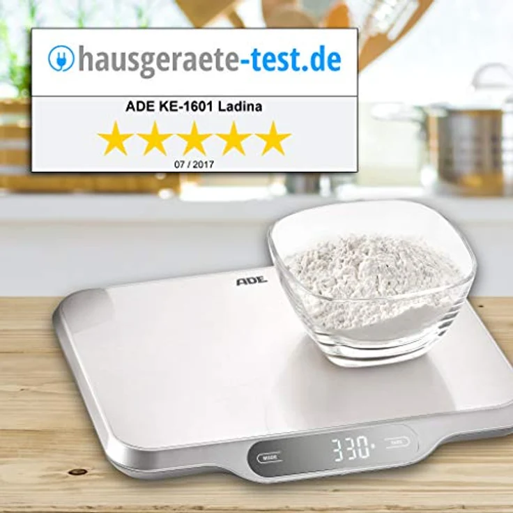 ADE Digitale Küchenwaage KE 1601 Ladina. Elektronische Waage mit XXL Wiegefläche aus Edelstahl für präzises Wiegen bis 15 kg. Mit Zuwiegefunktion (Tara), Auto-Hold. Inkl. Batterie. Silber – Bild 6