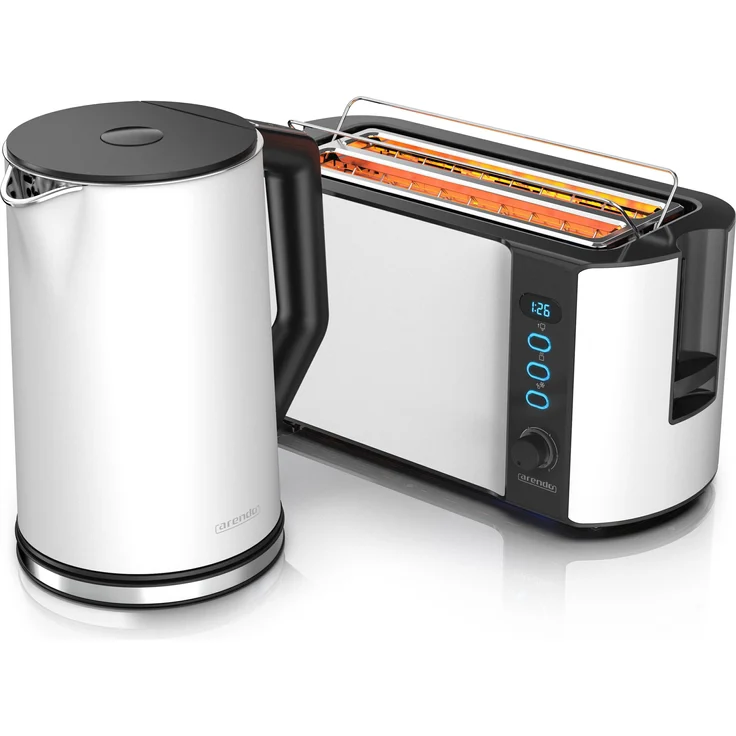 Arendo Frühstücks Set Edelstahl Wasserkocher 1,5l Temperaturwahl & 4 Scheiben Langschlitz Toaster Weiß Matt, Wasserkocher, Weiss