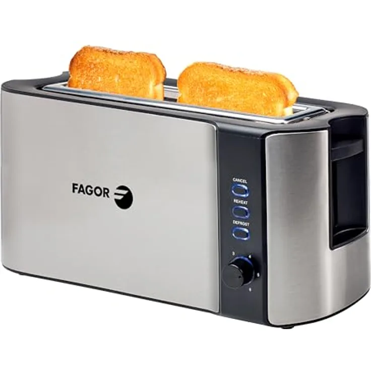 Fagor BigToast Steel Toaster, 1000 W mit breitem Schlitz für 2 große Toasts, Edelstahl, 6 Bräunungsstufen, Auftaufunktion, Krümelschublade