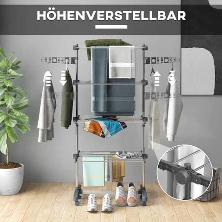 HOMCOM WГ¤schestГ¤nder WГ¤schetrockner Turm, Stahl 142 x 55 x 172 cm, Grau, klappbar, für Indoor und Outdoor – Bild 3