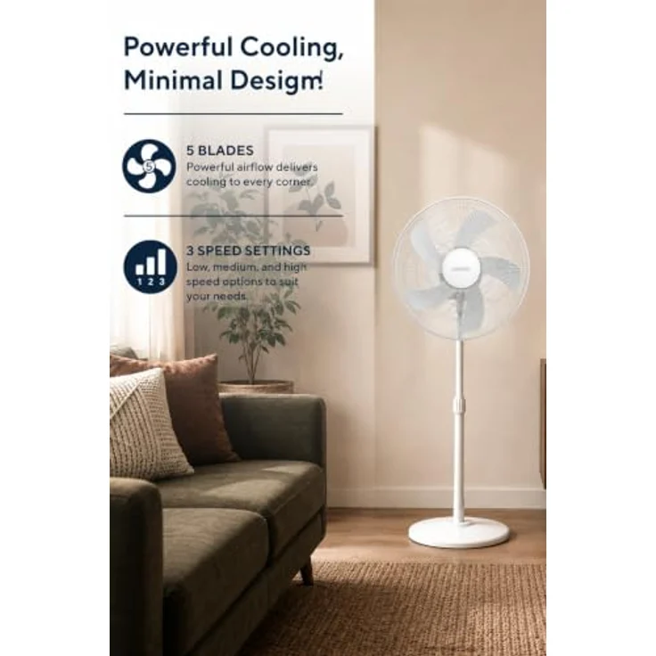 KUMTEL Standventilator KTF-350, 50 W, oszillierend, 5-Blatt-Rotor, geräuscharmer Betrieb, verstellbare Höhe, weiß – Bild 8