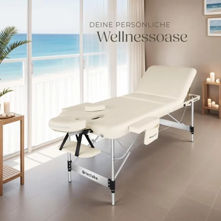 tectake Massageliege Phuket, 3-Zonen, höhenverstellbar, klappbar, Beige, Metall, 103x90x212 cm, inklusive 15 Einweg-Nasenschlitztüchern – Bild 9