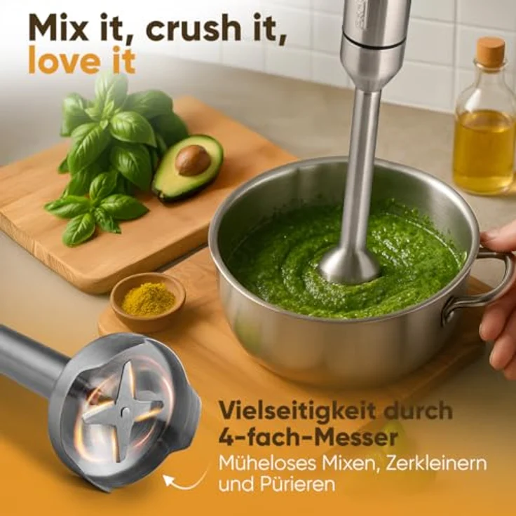 ProfiCook® PC SM 1317 Stabmixer 1000W, extra langer Edelstahl Mixstab, laufruhiger DC-Motor, Ice-Crush-Funktion, 4-fach Messer, auch für heiße Speisen geeignet – Bild 4