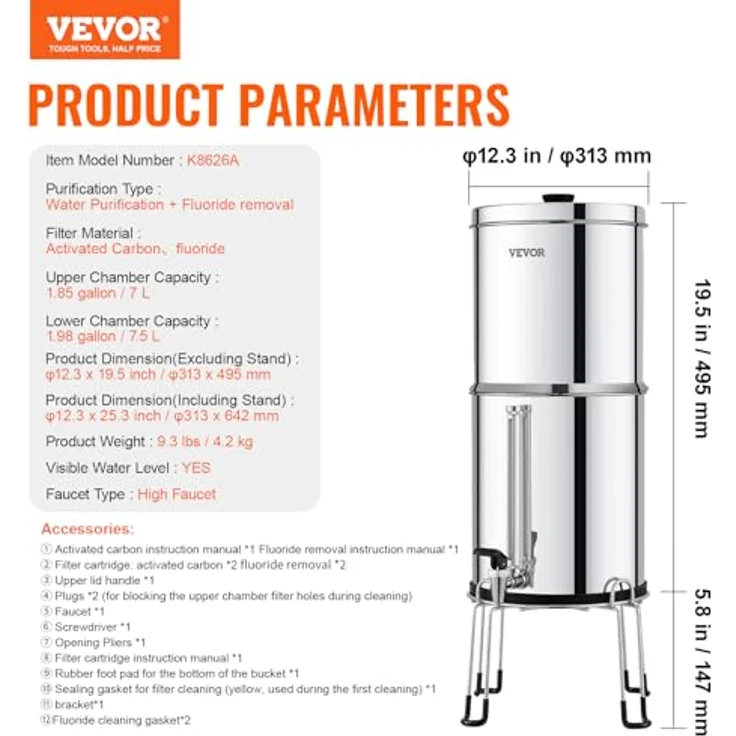 VEVOR Schwerkraft Wasserfiltersystem Edelstahl 7+7,5L, reduziert Blei und bis zu 99% Chlor, inkl. 2 Aktivkohlefiltern und 2 Entfluorierungsfiltern – Bild 7