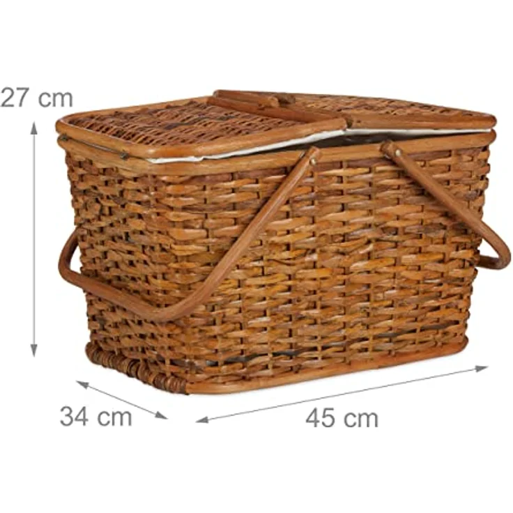 relaxdays Picknickkorb mit Deckel, Honigbraun, Rattankorb mit 25 Liter Volumen und zwei Klappdeckeln – Bild 4