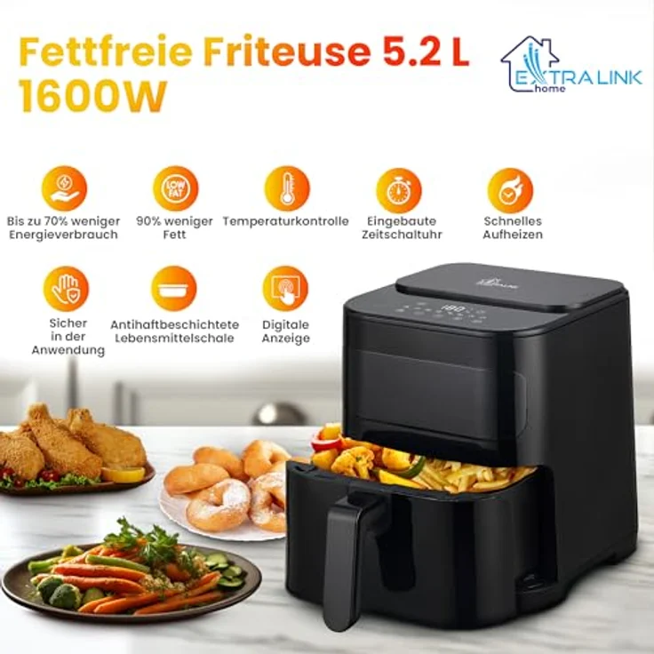 EXTRALINK Extralink 1600W Airfryer 5.2L - Heißluftfritteuse mit 7 Kochfunktionen, 80°C bis 200°C, LED-Touchscreen, Schwarz – Bild 2