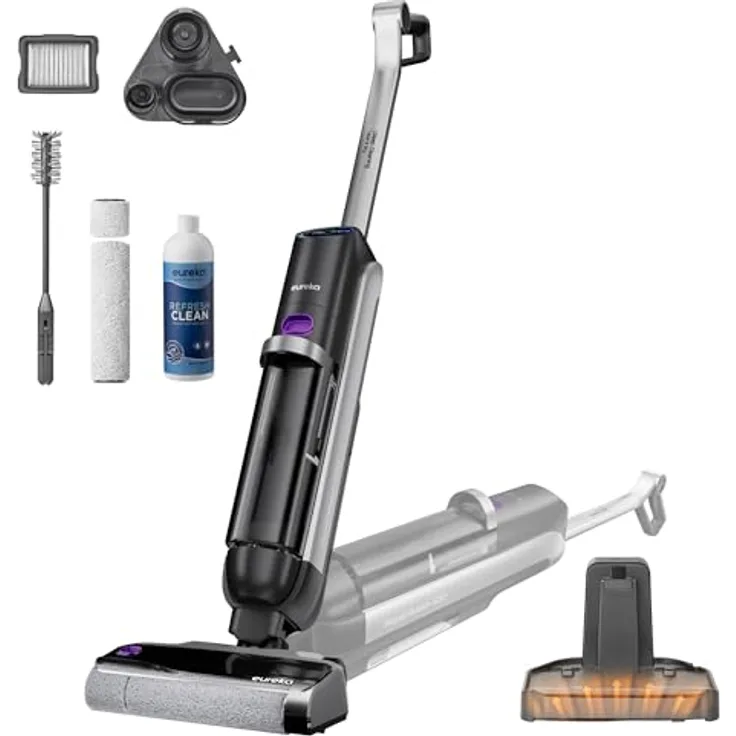 Eureka RapidWash NEW630, Kabelloser Nass Trockensauger mit 21600 Pa Saugkraft, 170° Neigung, 60°C Heißlufttrocknung, 38 Min. Akkulaufzeit, Selbstreinigung und Anti-Tangle für Hartböden, LED-Anzeige
