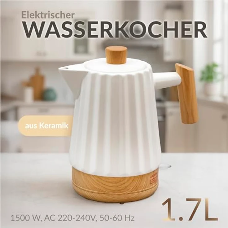 Kvota Keramik Wasserkocher ALLEGRO 1,7 L weiß – mit Holzgriff, 360°-Sockel, LED, BPA-frei, 1500 W, Retro Design – Bild 3