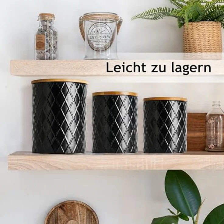 MIAMIO Palmanova Kollektion Set von 3 Vorratsdosen, Keramik mit luftdichtem Bambusdeckel, 845ml, 1100ml und 1800ml, Schwarz – Bild 3