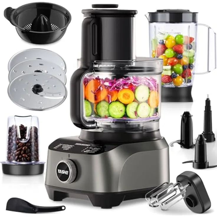 YASHE HGM-410 Multifunktionale Küchenmaschine, 2,5L Schüssel & 1,5L Mixbehälter, 1300-W-Motor mit 11 Funktionen, Schwarz/Grau