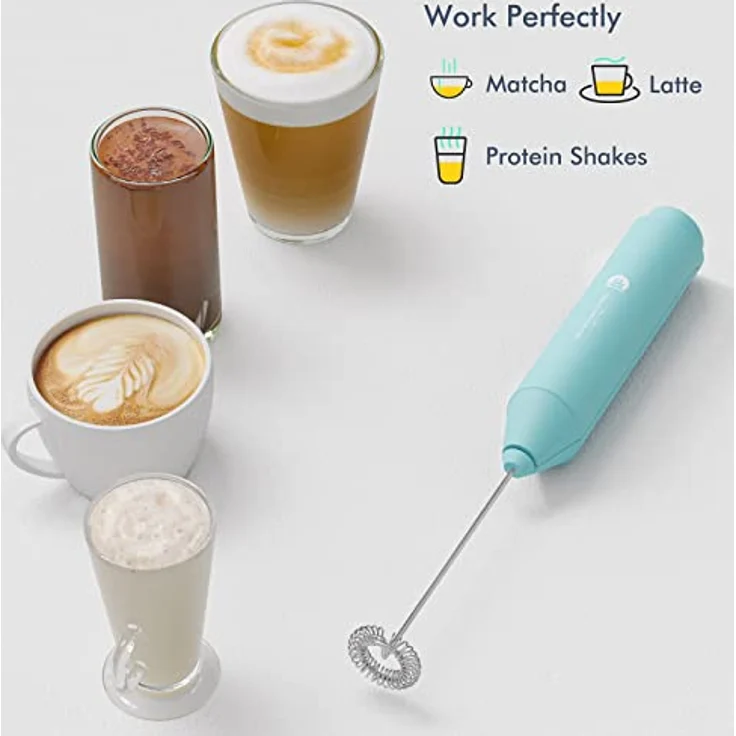 New England Stories Leistungsstarker Handheld Milchaufschäumer Mini Schneebesen für Kaffee, Cappuccino, Latte, Matcha, heiße Schokolade, ergonomisches Design, Aqua, mit Ständer – Bild 4